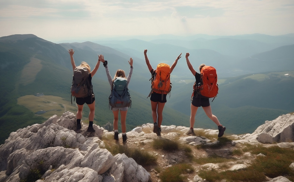 Vier Frauen haben einen Bergbestiegen und freuen sich darüber